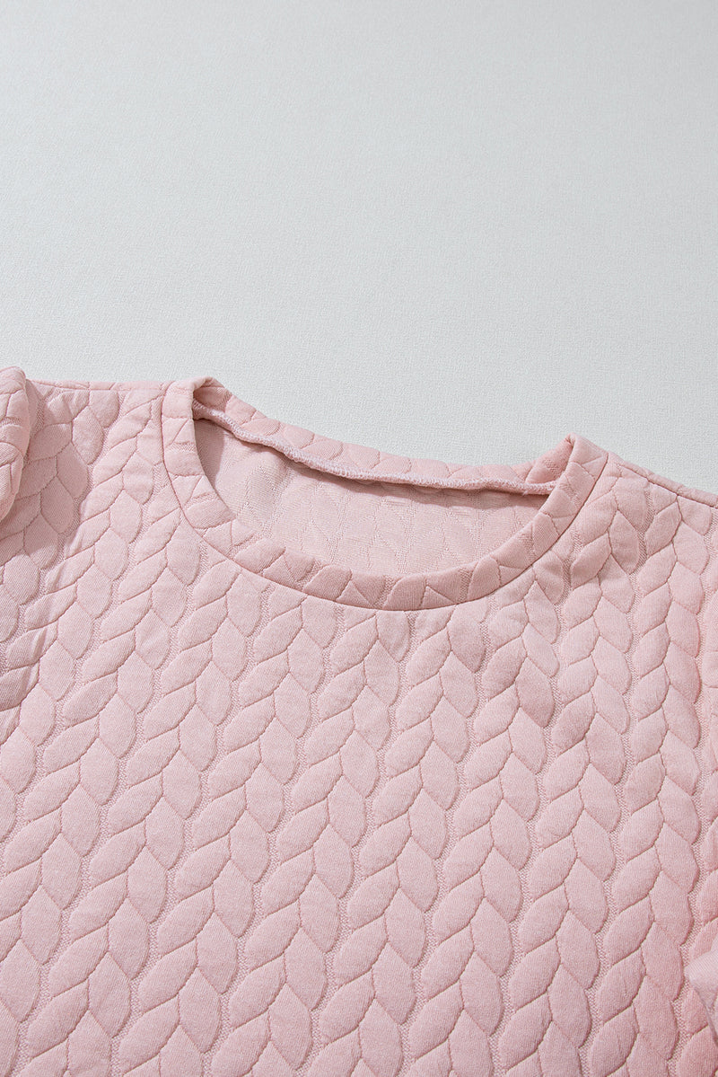 Light Pink Cable Textured Puff Sleeve Sweatshirt