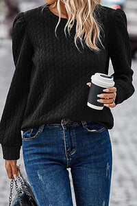 Black Cable Textured Puff Sleeve Sweatshirt