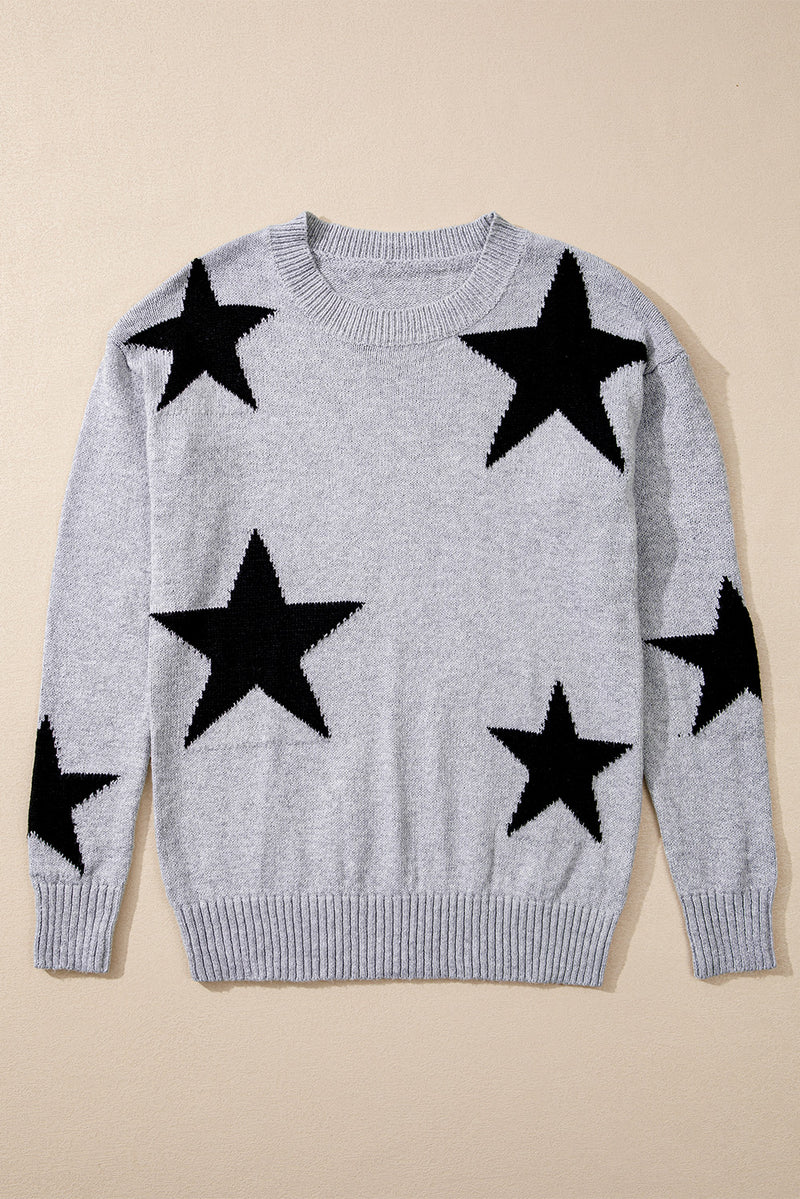 Gray Star Pattern Drop Shoulder Sweater