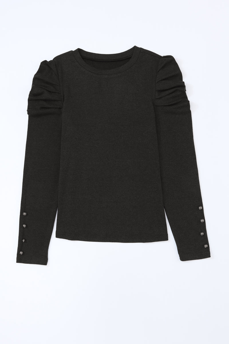 Black Buttoned Puff Long Sleeve Sheath Top