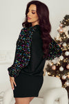 Black Sequin Raglan Sleeve Crewneck Pullover Sweatshirt