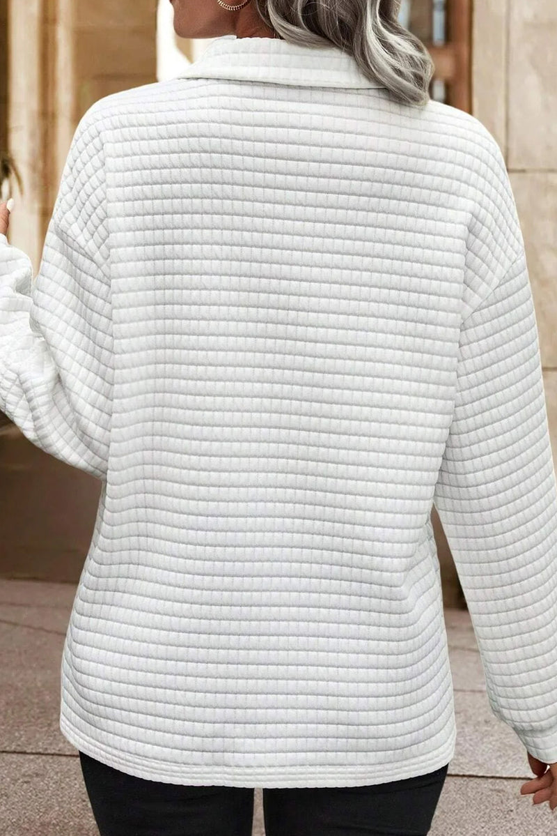 White Quilted Texture Sporty Collared Long Sleeve Top