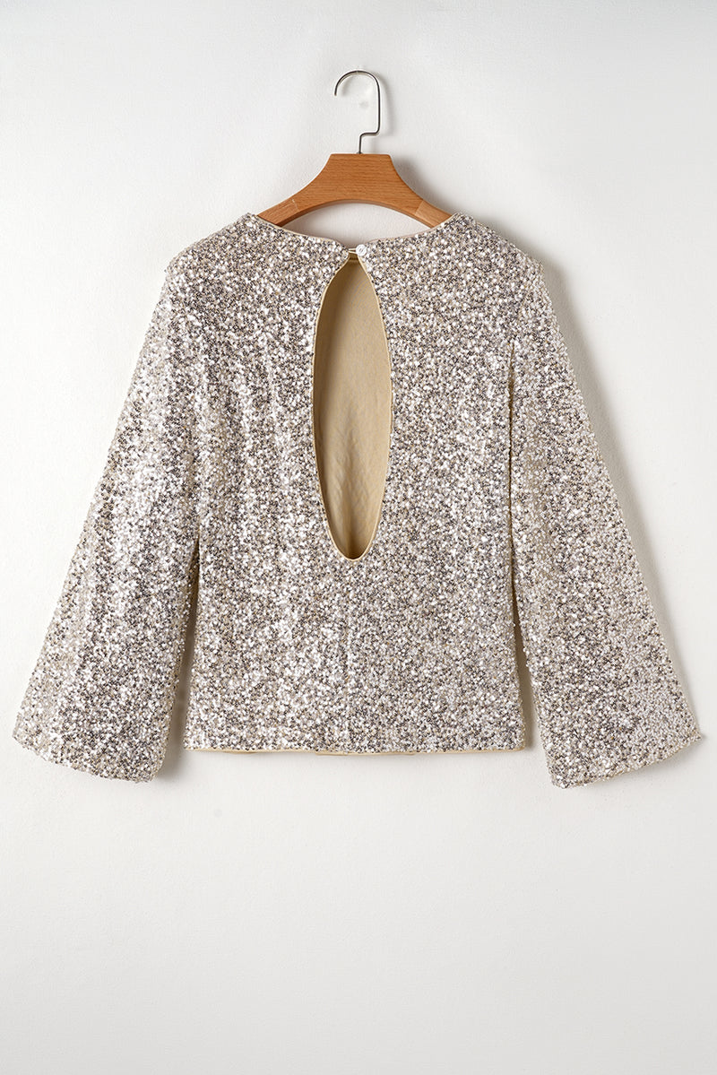 Silvery Sequin Puff Sleeve Cutout Back Blouse