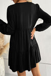 Black Lace Puff Sleeve Buttoned Tiered Ruffled Mini Dress