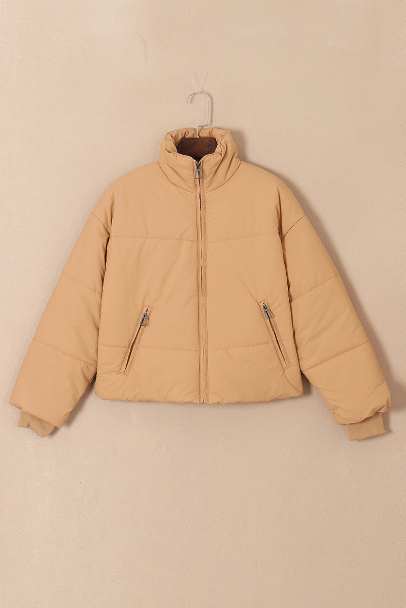 Brown Zip Up Pocketed Puffer Jacket